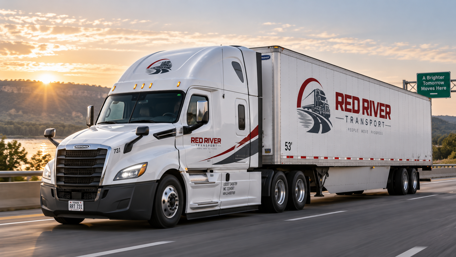 Red River Transport tractor trailer driving on the highway