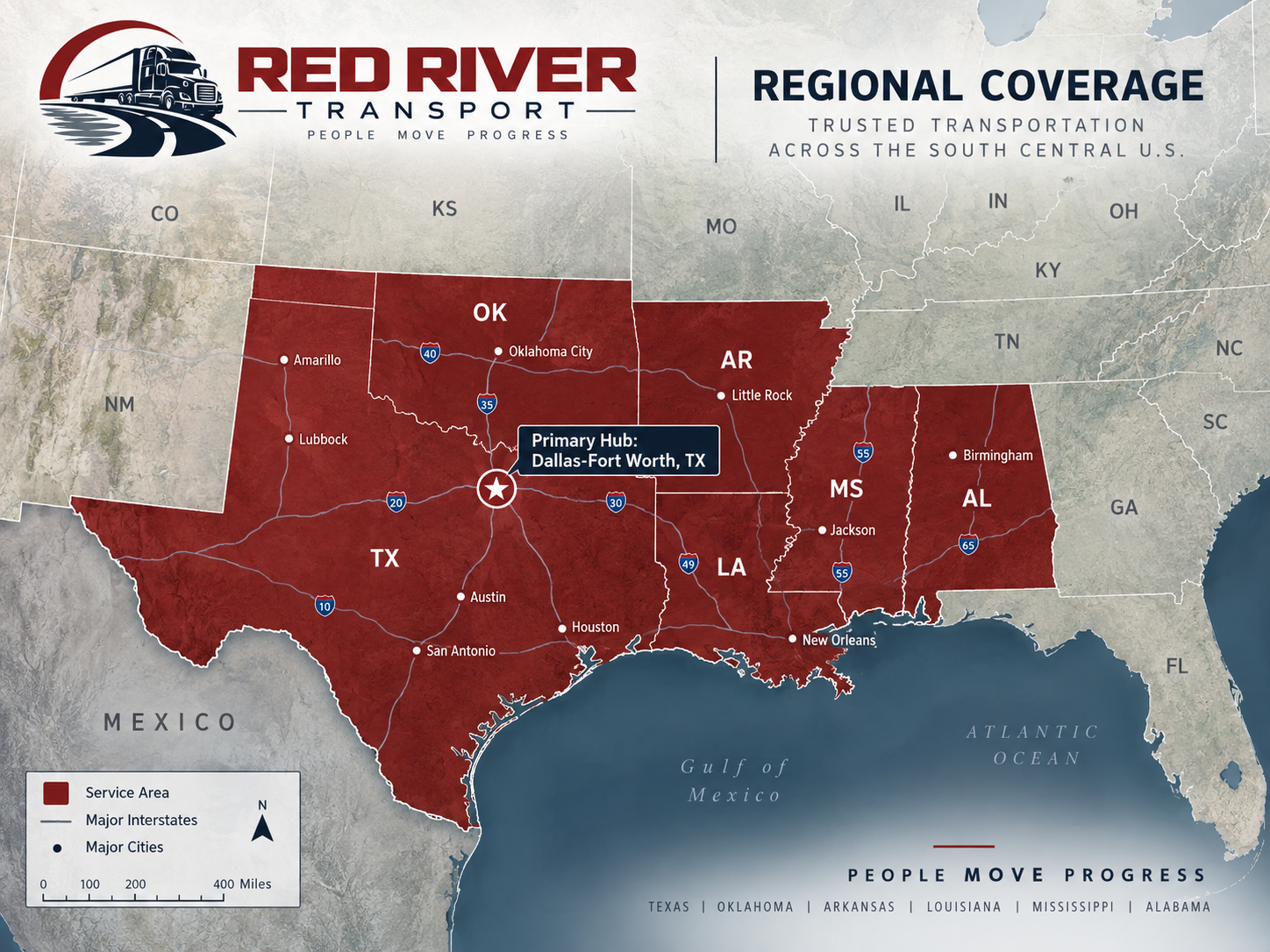Regional coverage map for Red River Transport showing Texas, Oklahoma, Arkansas, Louisiana, Mississippi, and Alabama.